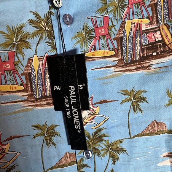 PJ Paul Jones Mens Blue Tropical Hawaiian Short Sleeve Button Up Shirt Small - Picture 7 of 8